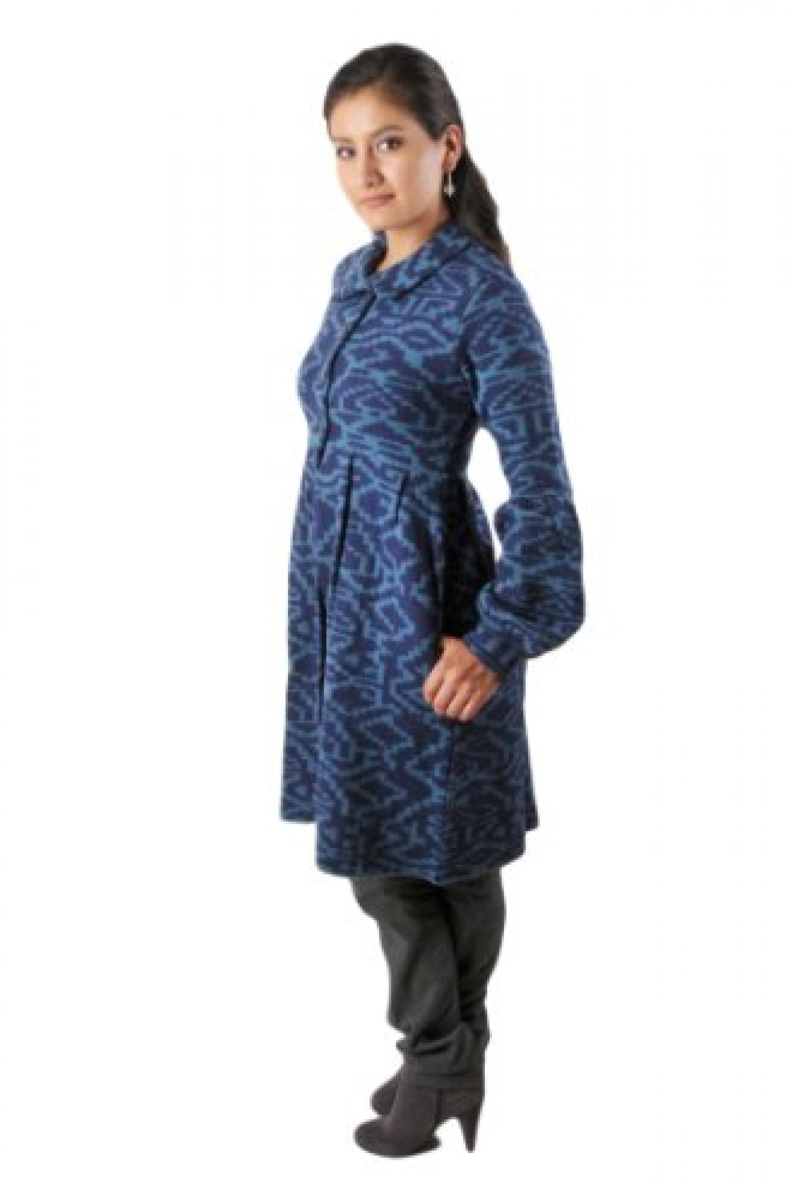 APU KUNTUR Damen Chimu Mantel Wollmantel Strickmantel Alpaka Longjacke T&uuml;rkisblau 