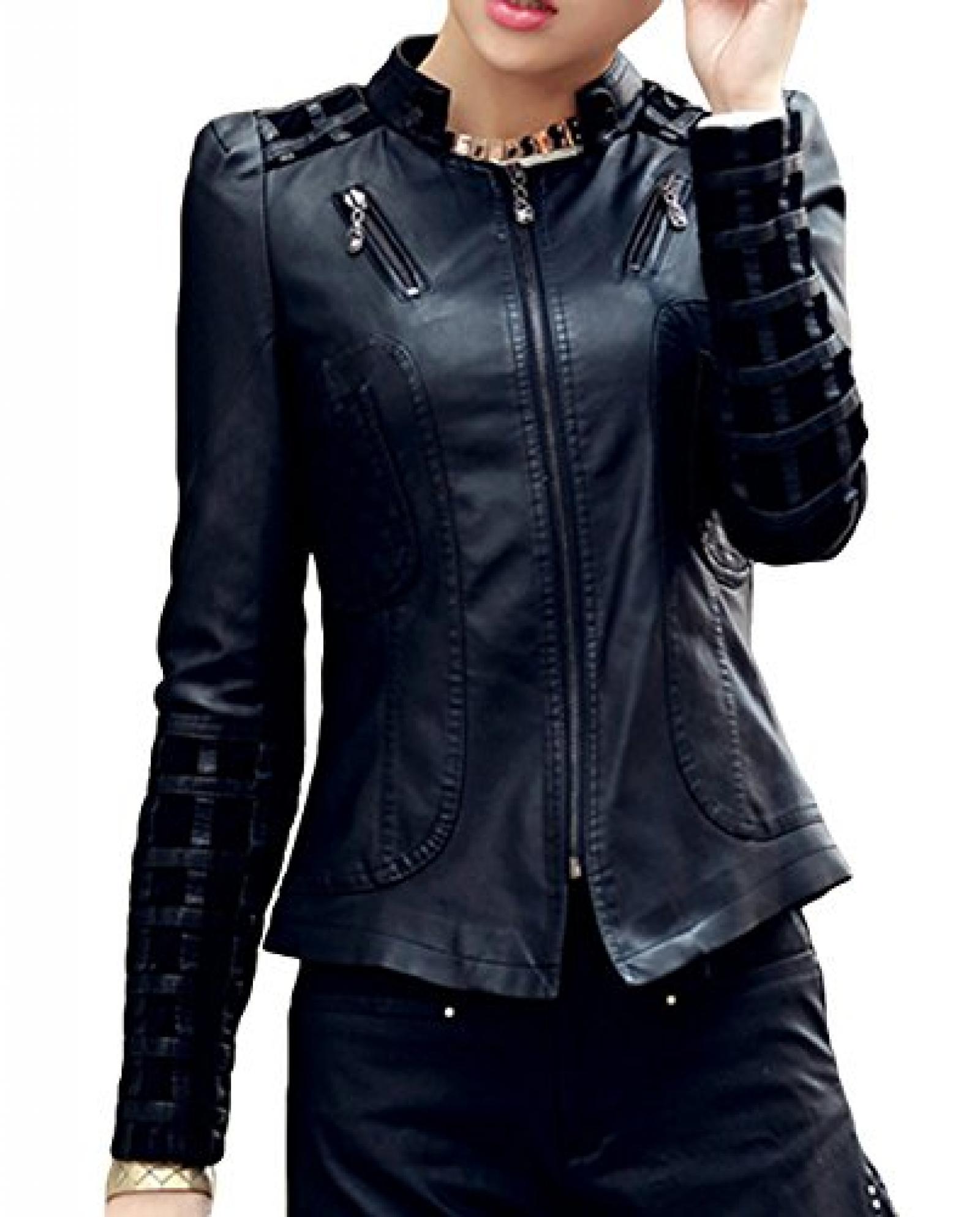 QYL Damen Koreanisch Slim Fit mit Rei&szlig;verschluss Lederjacke Motorradjacke 