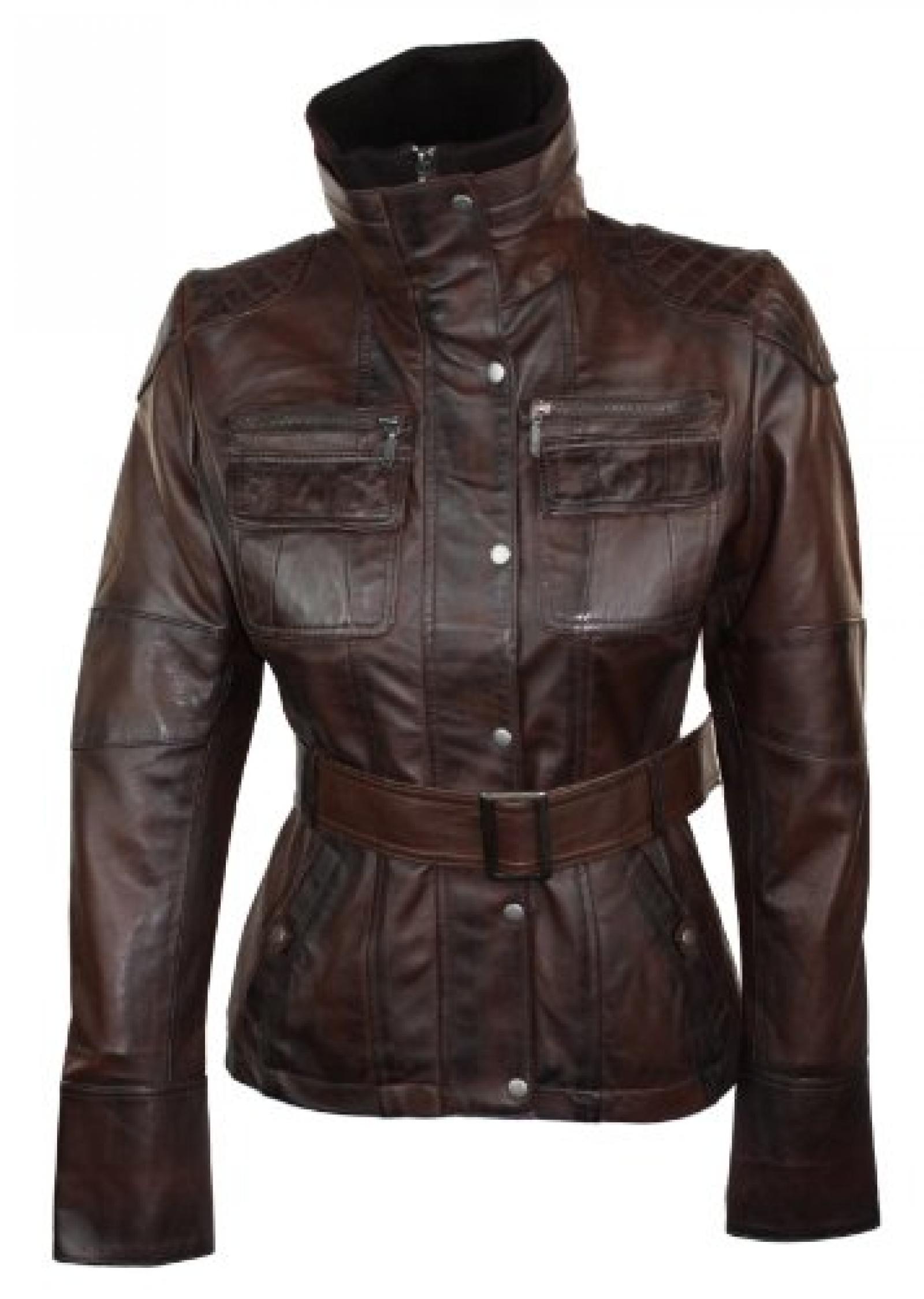 Damenjacke Echtleder Braun Milit&auml;r Retro Design Chinesischer Kragen Vintage 
