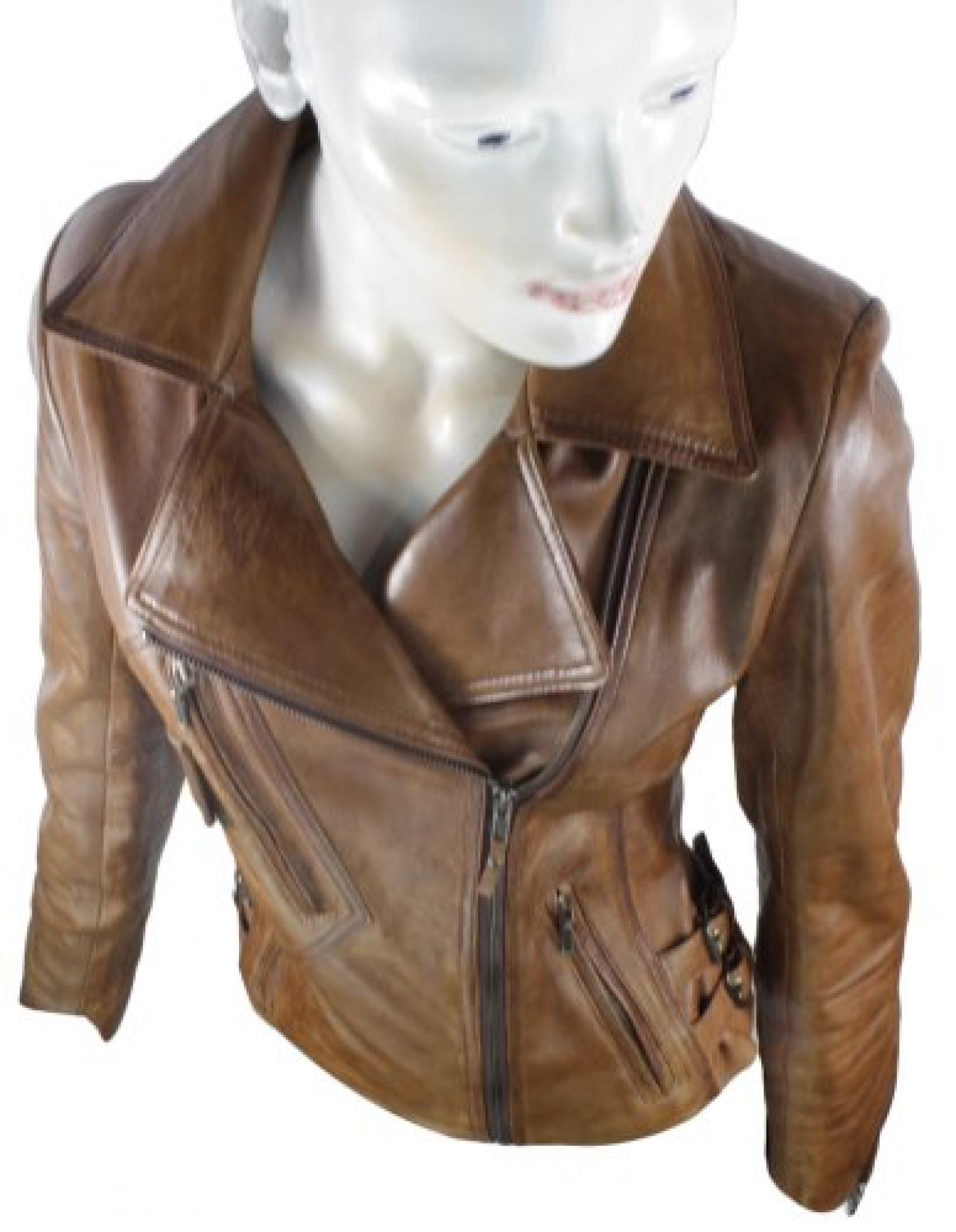 Frauen echte Leder Jacke Biker Style Braun 