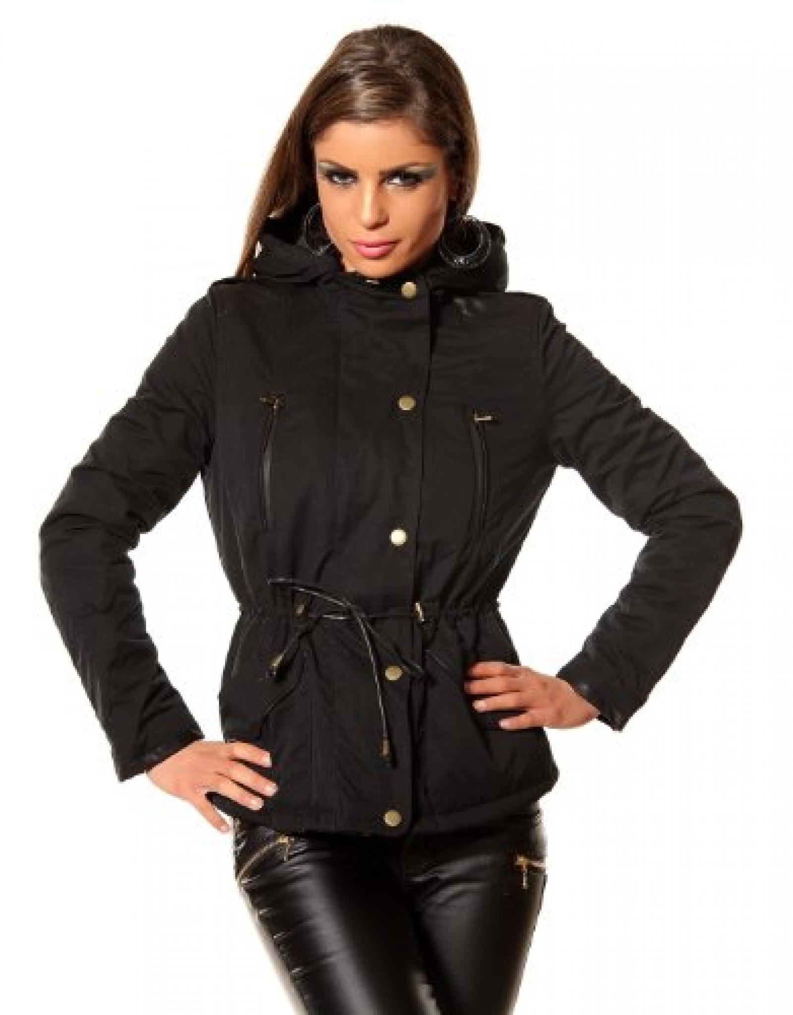 Damen Jacke Parka Jacke Kurze Jacke Gef&uuml;tterte Jacke mit Kapuze ,Tunnelzug und B&auml;ndchen R9-A 