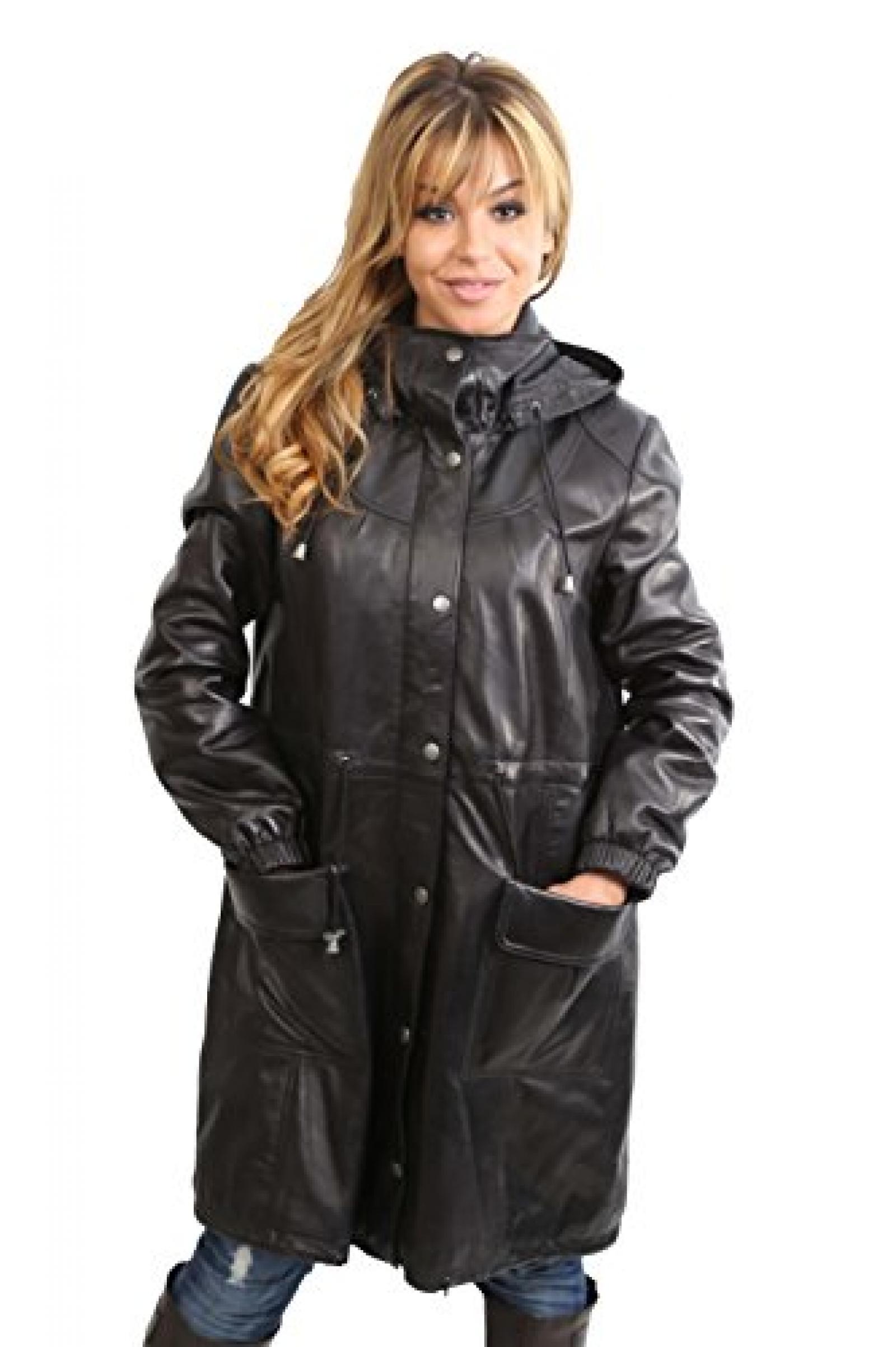 Damen M&auml;ntel Frauen knielangen Parka Lederjacke mit abnehmbarer Kapuze KYRA Schwarz 