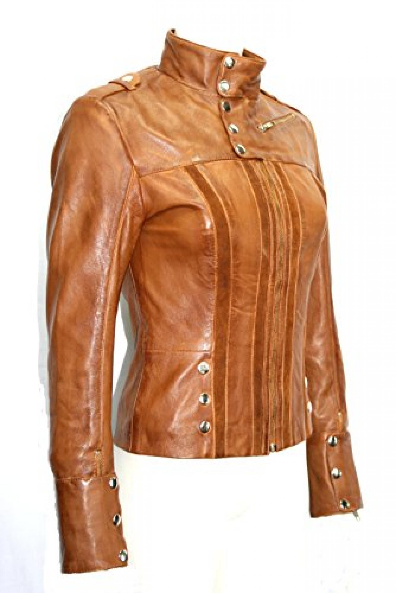 Damen Short Biker Stil Tan ausgestattet Weiche Echtlederjackemit Veloursleder-Streifen 