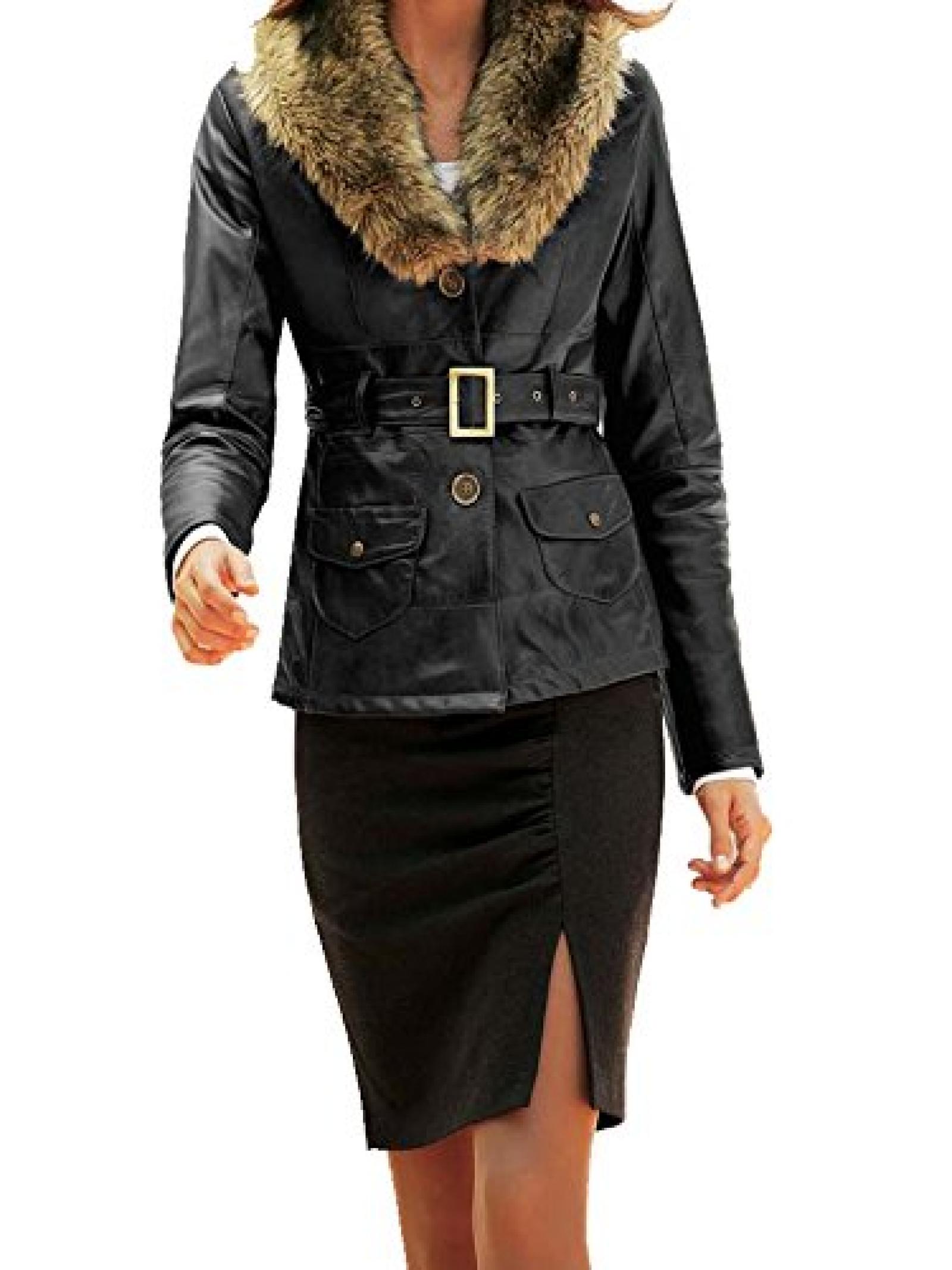 HEINE LEDER Jacke Mantel Lammnapp Webpelz G&uuml;rtel Schwarz 34 - 46 