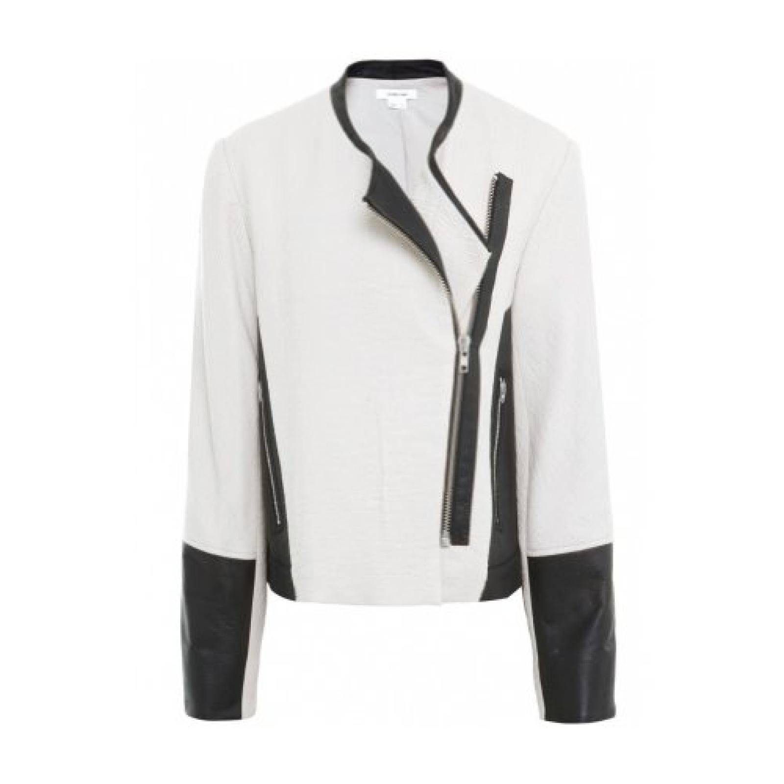 Helmut Lang Gestreift Jacquard & Leder Jacke Creme Helmut Lang Gestreift Jacquard & Leder Jacke Creme