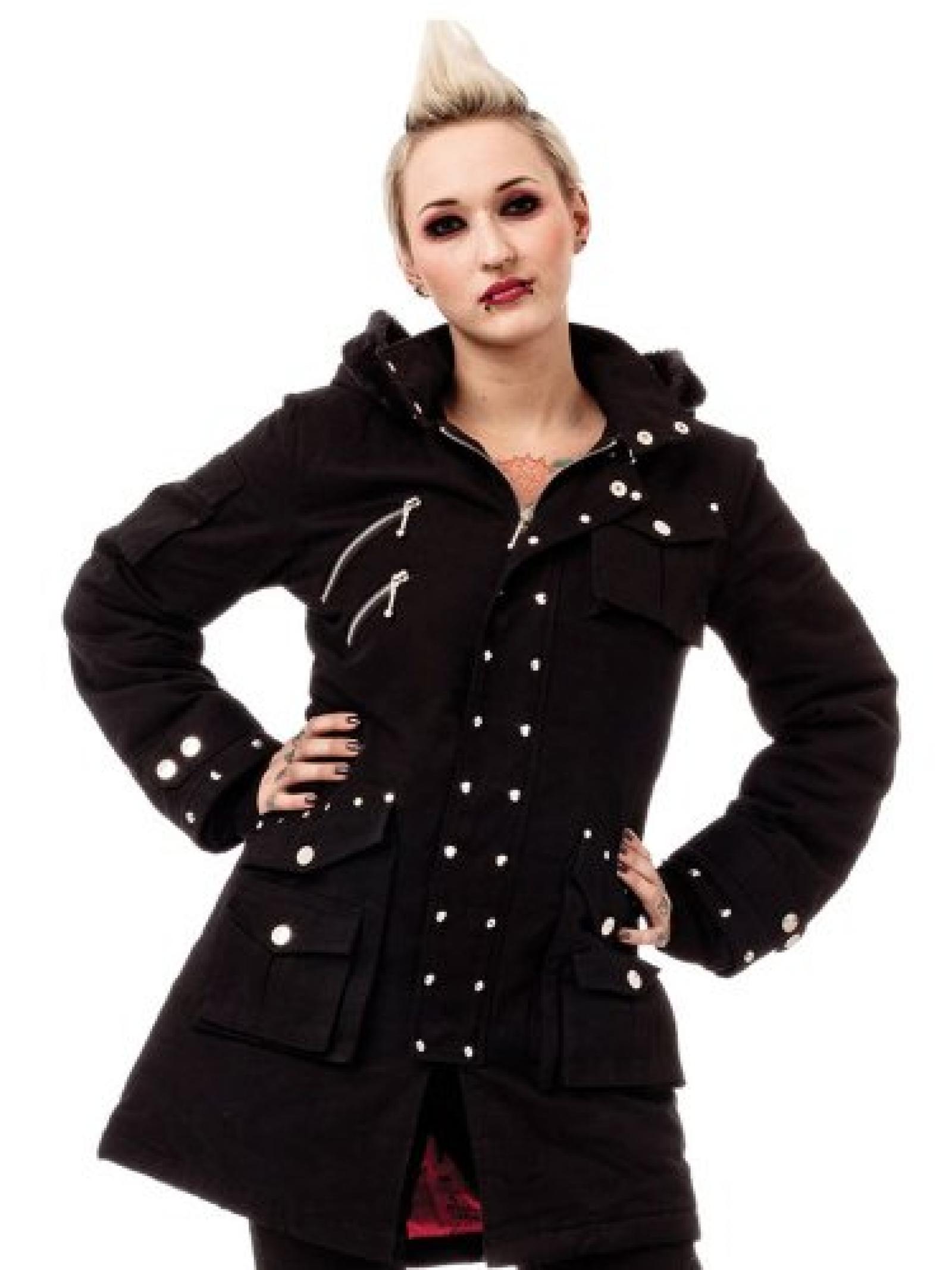 Queen of Darkness, Winterjacke mit rotem Inlay, mit Nieten verziert Queen of Darkness, Winterjacke mit rotem Inlay, mit Nieten verziert