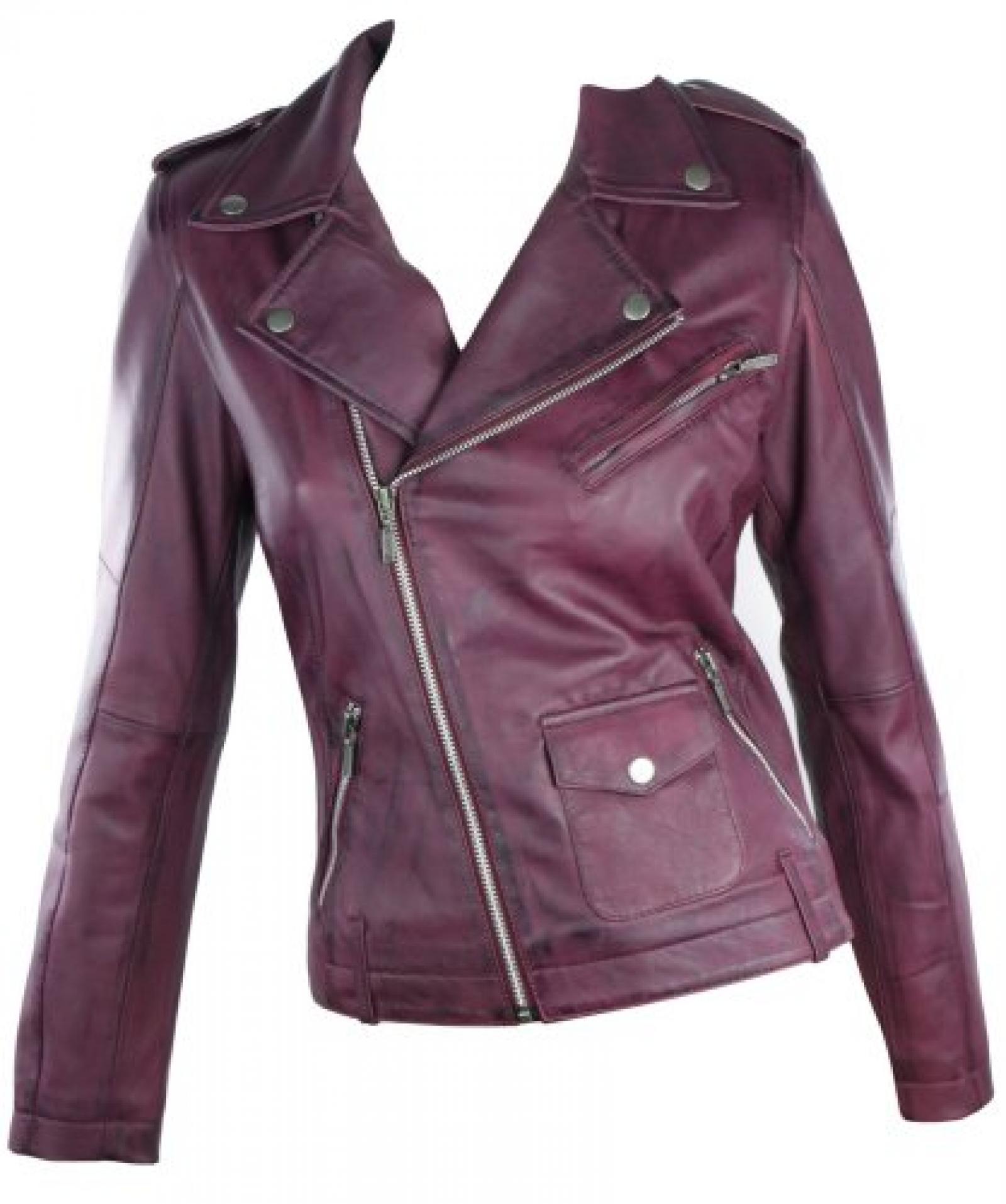 Damen Leder Jacke Biker Style Retro Style in Maroon Lila Damen Leder Jacke Biker Style Retro Style in Maroon Lila