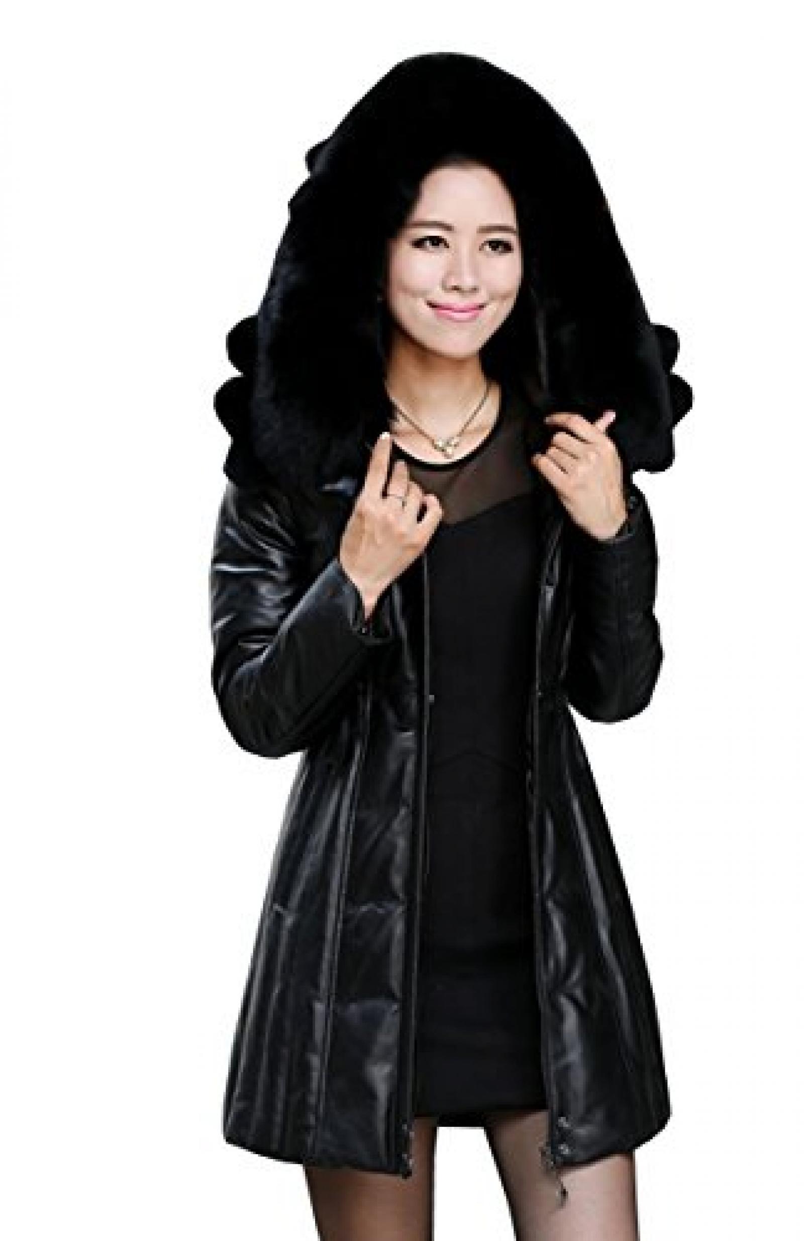 E-Girl Lady Schafspelz,echtem Leder unten Deman Jacken & M&auml;ntel, with Cap ,Schwarz 