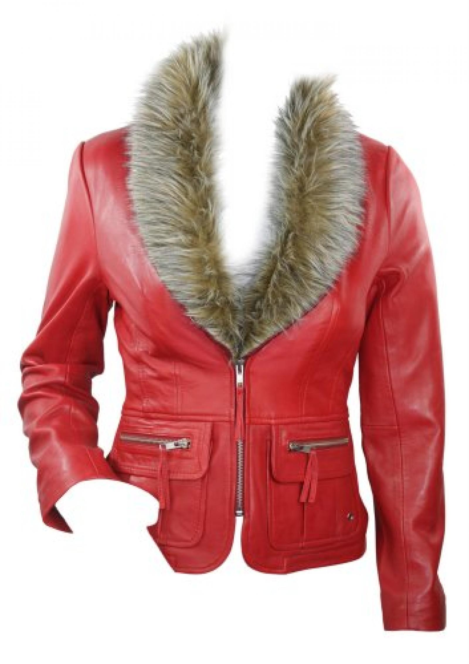 Damenjacke Rot Echtleder Vintage Retro Kurz Abtrennbarer Fell Kragen Damenjacke Rot Echtleder Vintage Retro Kurz Abtrennbarer Fell Kragen