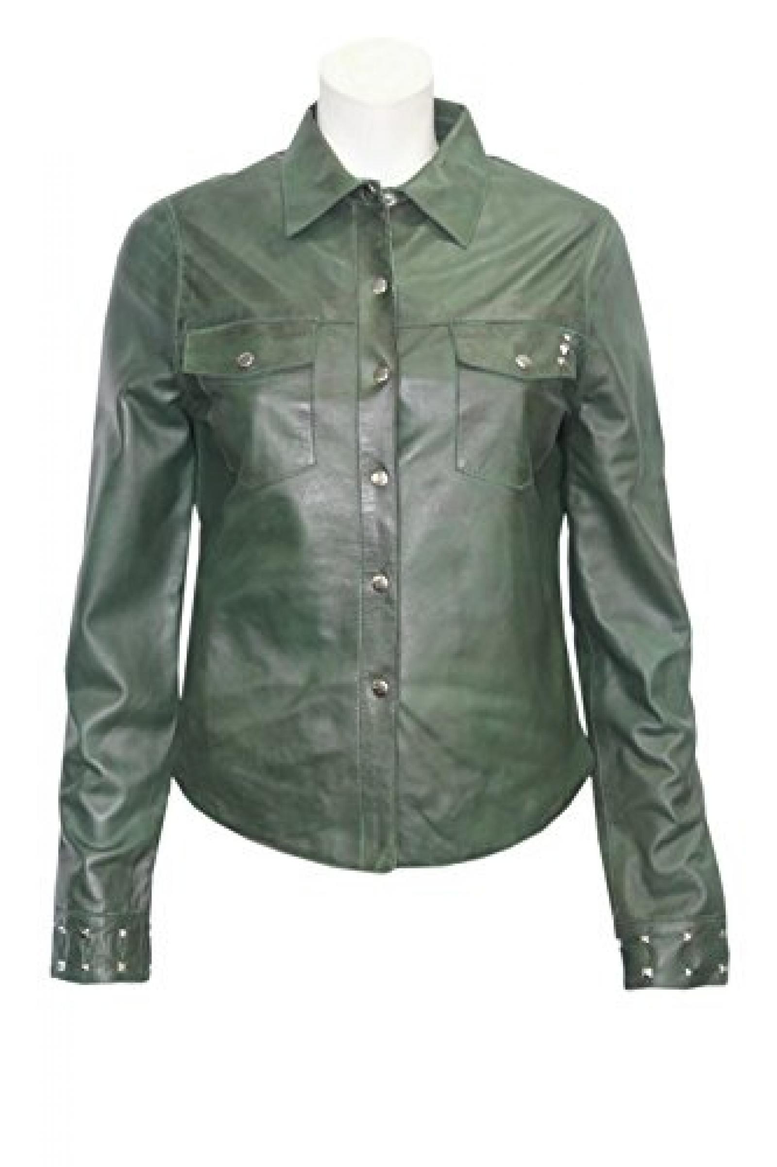 Modell Damen Gr&uuml;n 1546 Collar Women Casual Retro weiche Echtleder- Shirtjacke 
