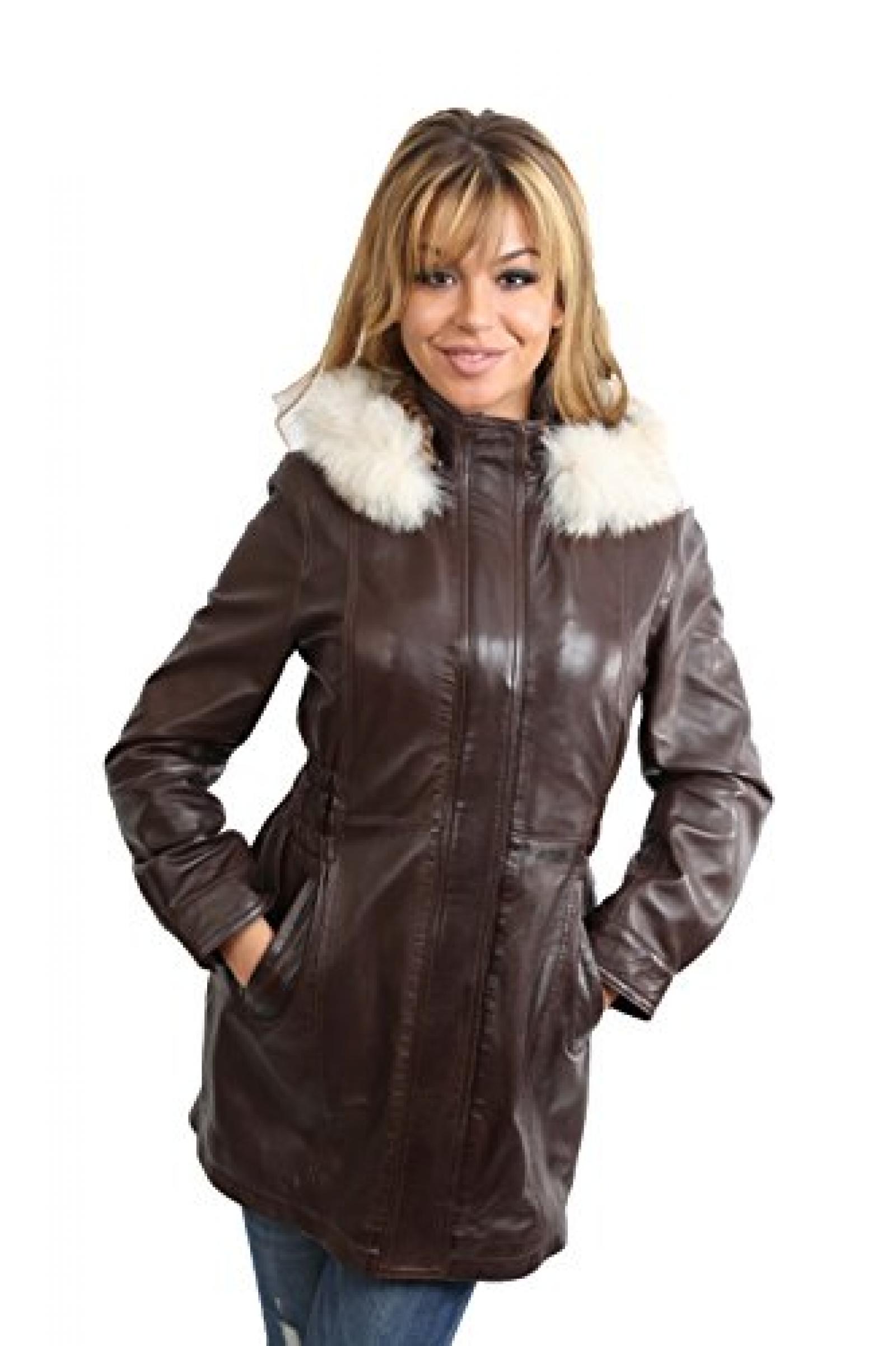 Damen M&auml;ntel Frauen knie langen Parka Lederjacke mit abnehmbarer Kapuze KATHY Braun 