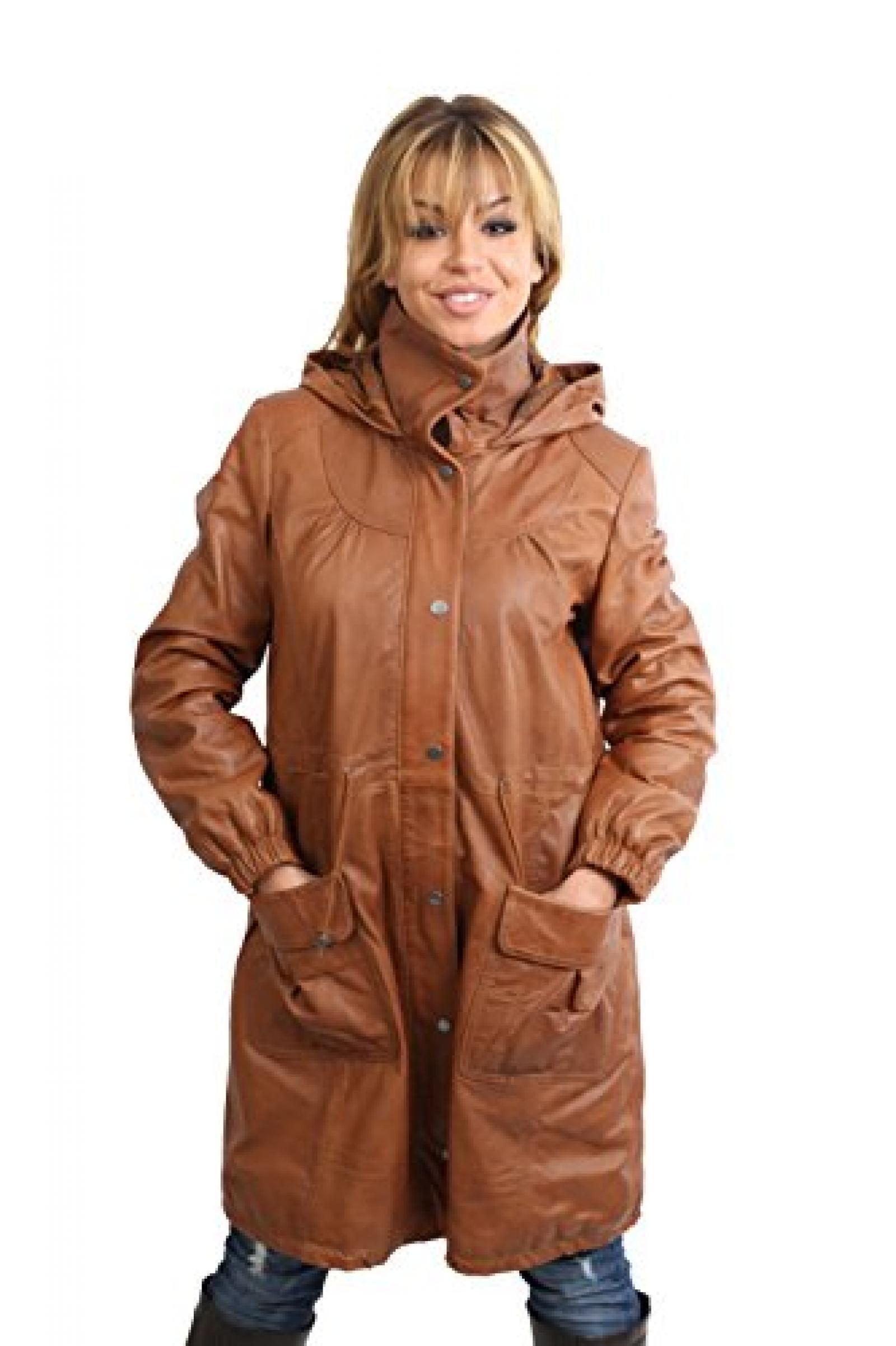 Damen M&auml;ntel Frauen knielangen Parka Lederjacke mit Kapuze KYRA Hell Braun 
