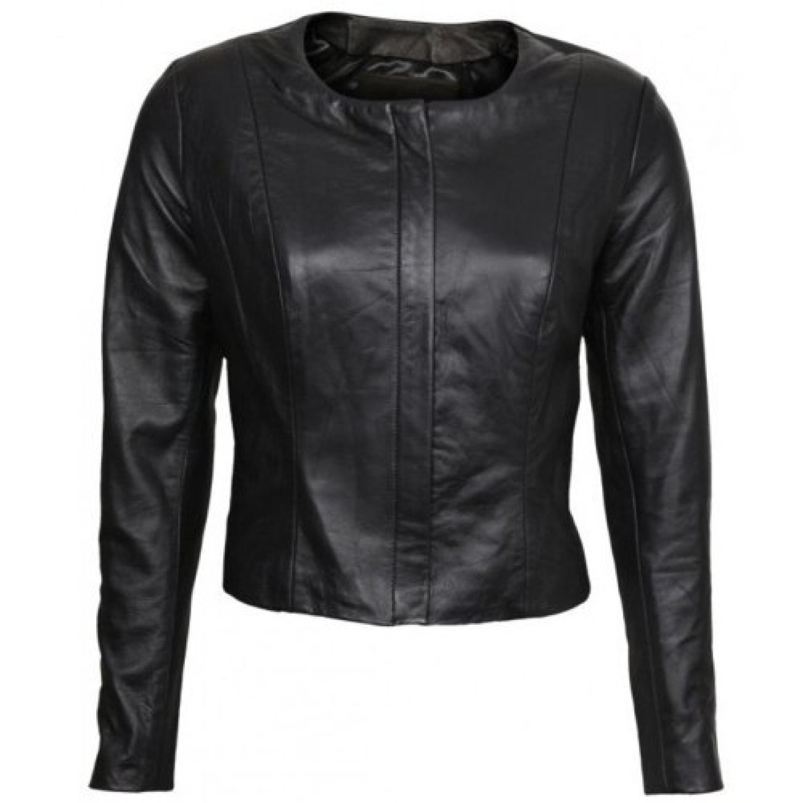 VIPARO Womens Black Collarless Mod Cropped Leather Jacket - Iris VIPARO Womens Black Collarless Mod Cropped Leather Jacket - Iris