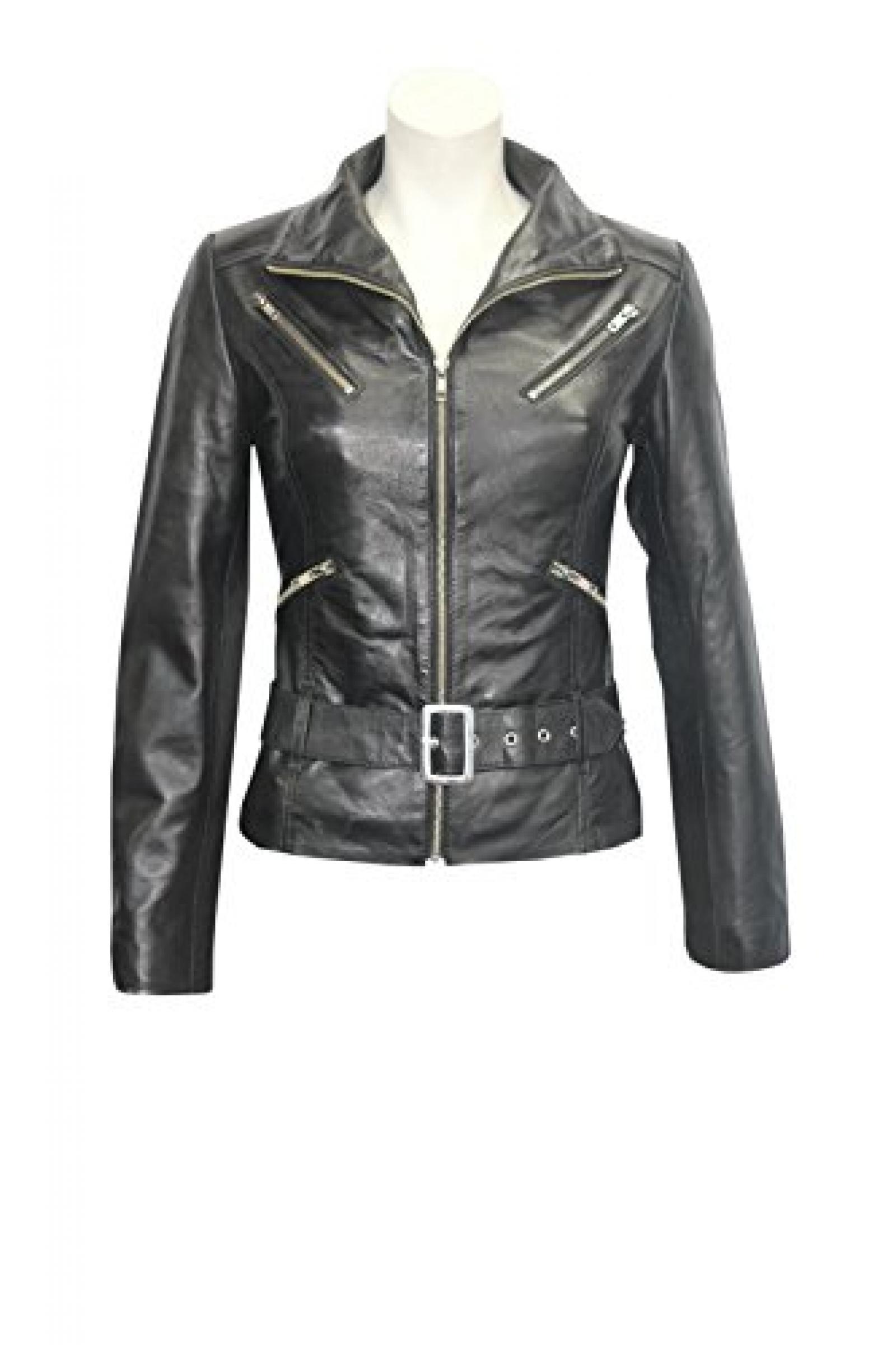 New 7390 Damen Black Belt L&auml;nge Taille Biker Stil Designer Echtlederjacke 