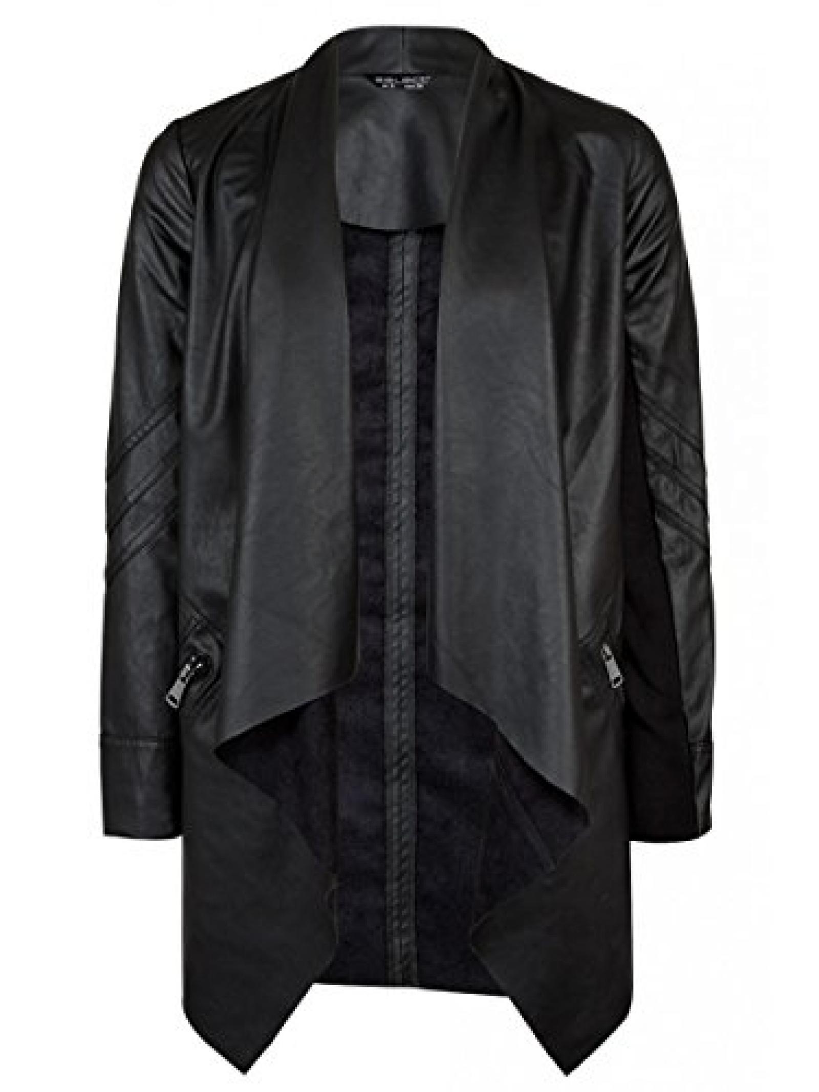 Womens Schwarz Long Line Pu Wasserfall Jacket Ladies Womens Schwarz Long Line Pu Wasserfall Jacket Ladies