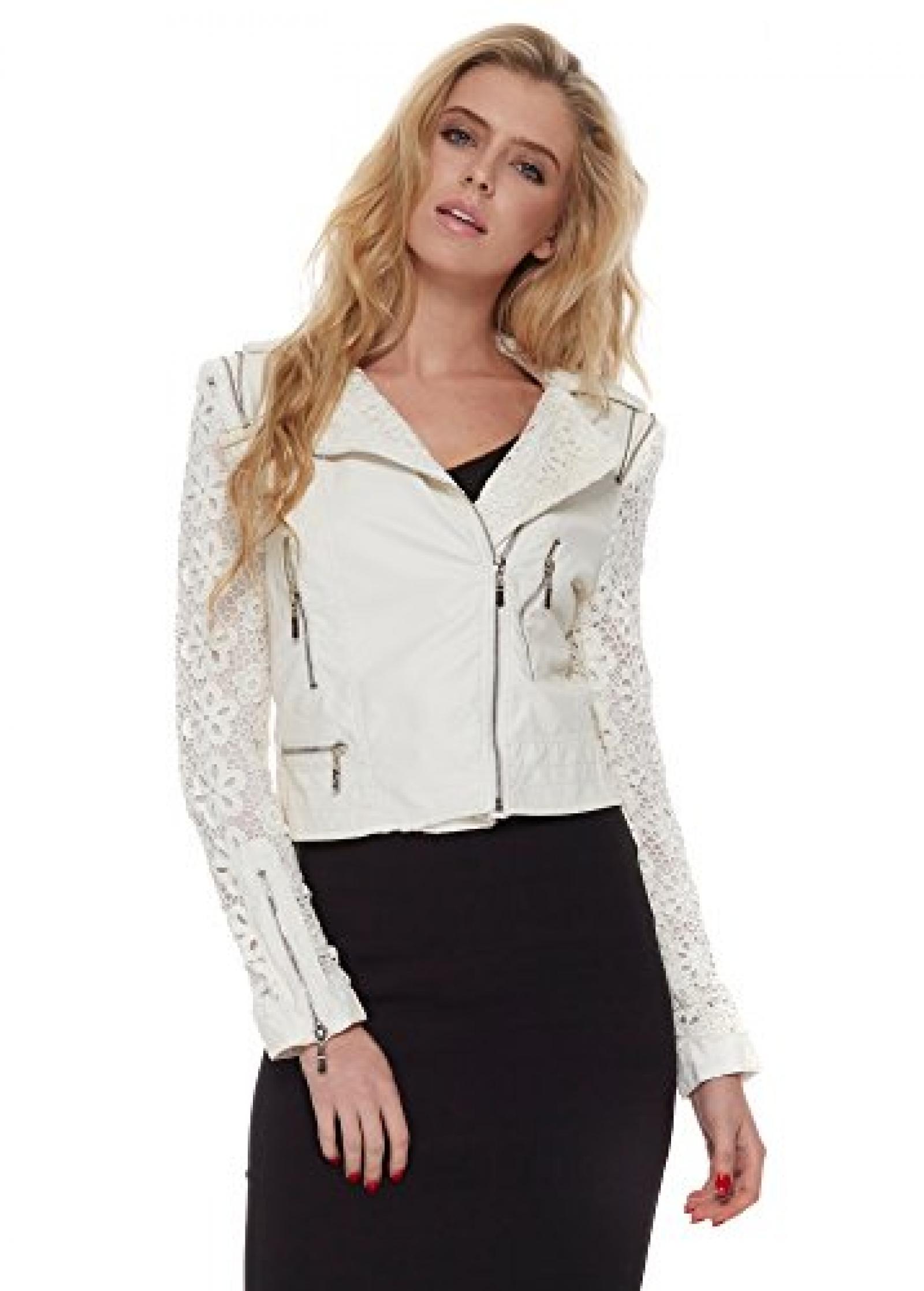 Urban Mist Wei&szlig;e Ausgestattete Biker Lederjacke Mit Spitzen H&auml;keln &Auml;rmel 
