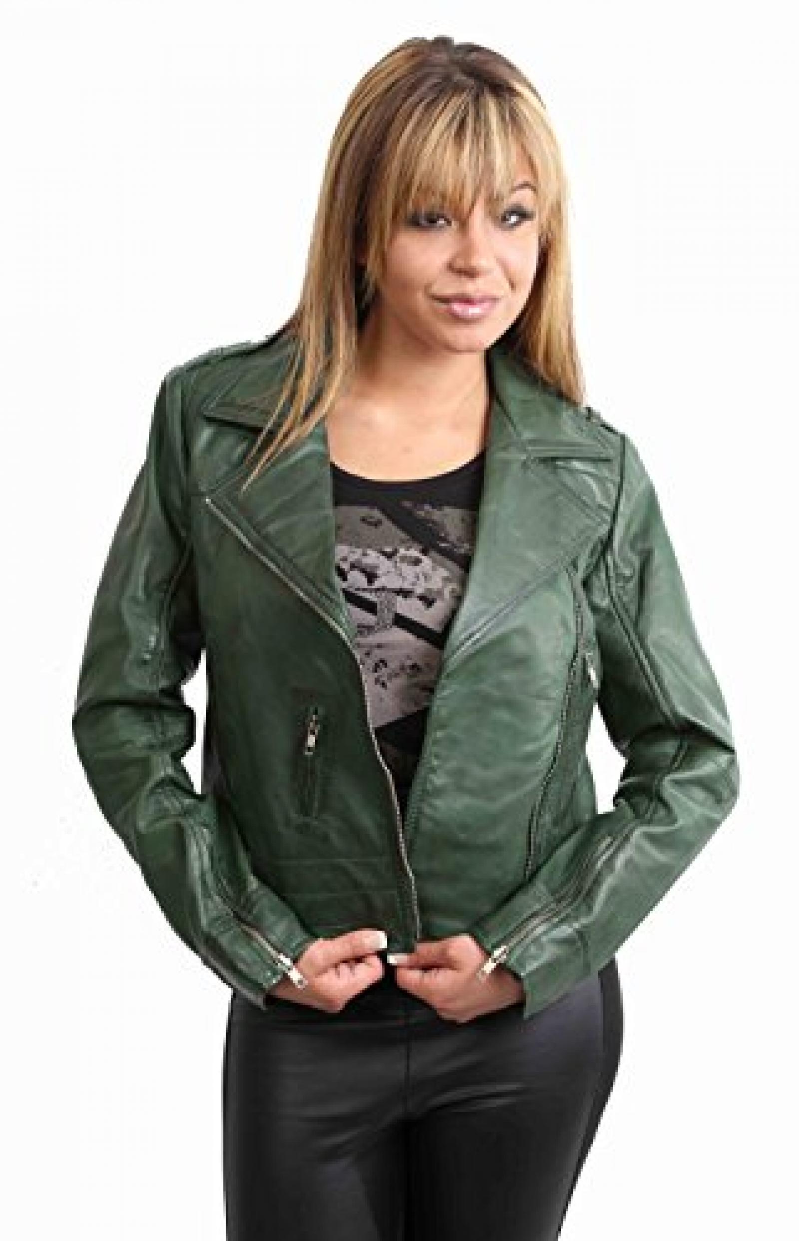 NEU AKTUELLE Damen kurze Biker Lederjacke f&uuml;r Frauen JADE gr&uuml;n 