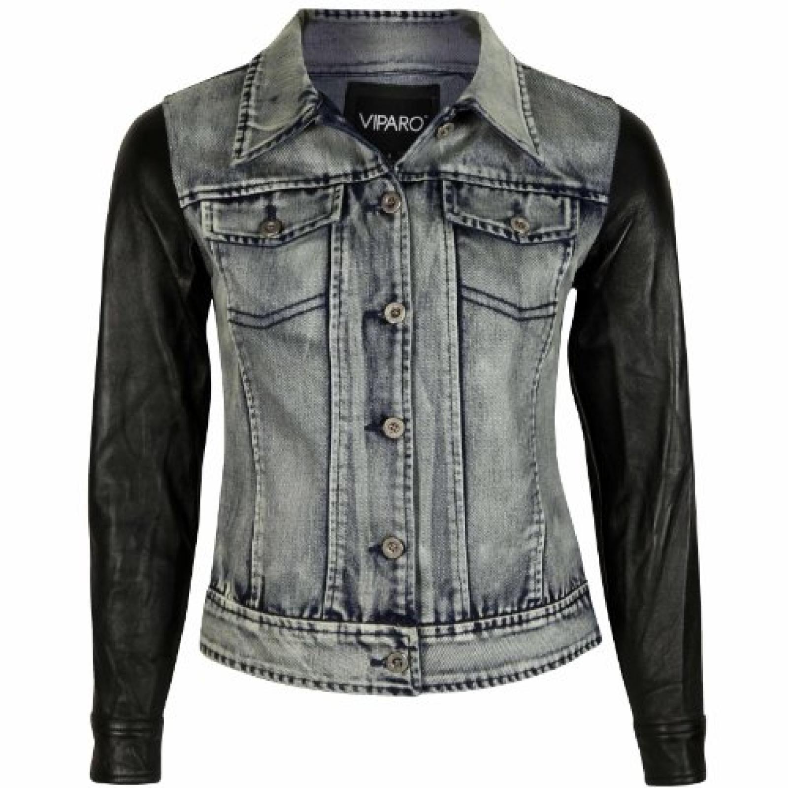 VIPARO Womens Blue Acid Wash Denim Jacket with Leather Sleeves - Anika 
