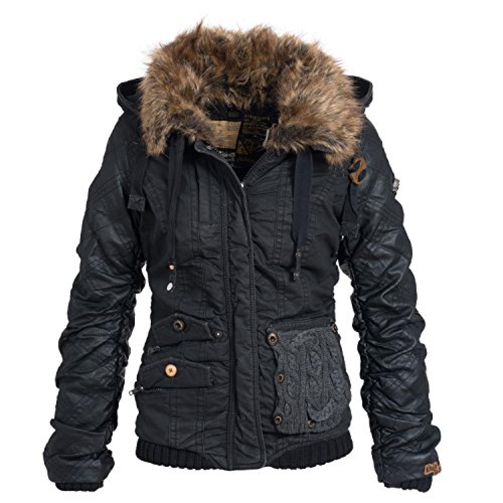 khujo Damen Winter Jacke Mantel Parka Winterjacke Kunst- Leder&auml;rmel Felice Mix 