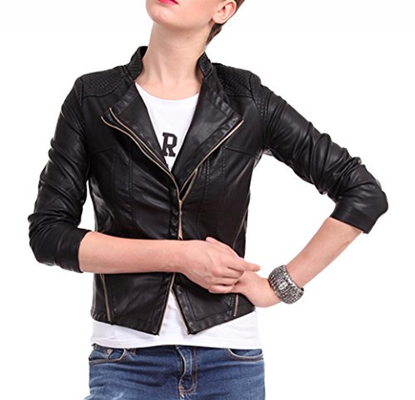 QYL Damen Lederjacke Jacke PU-Leder Motorrad-Sitl mit Rei&szlig;verschluss 