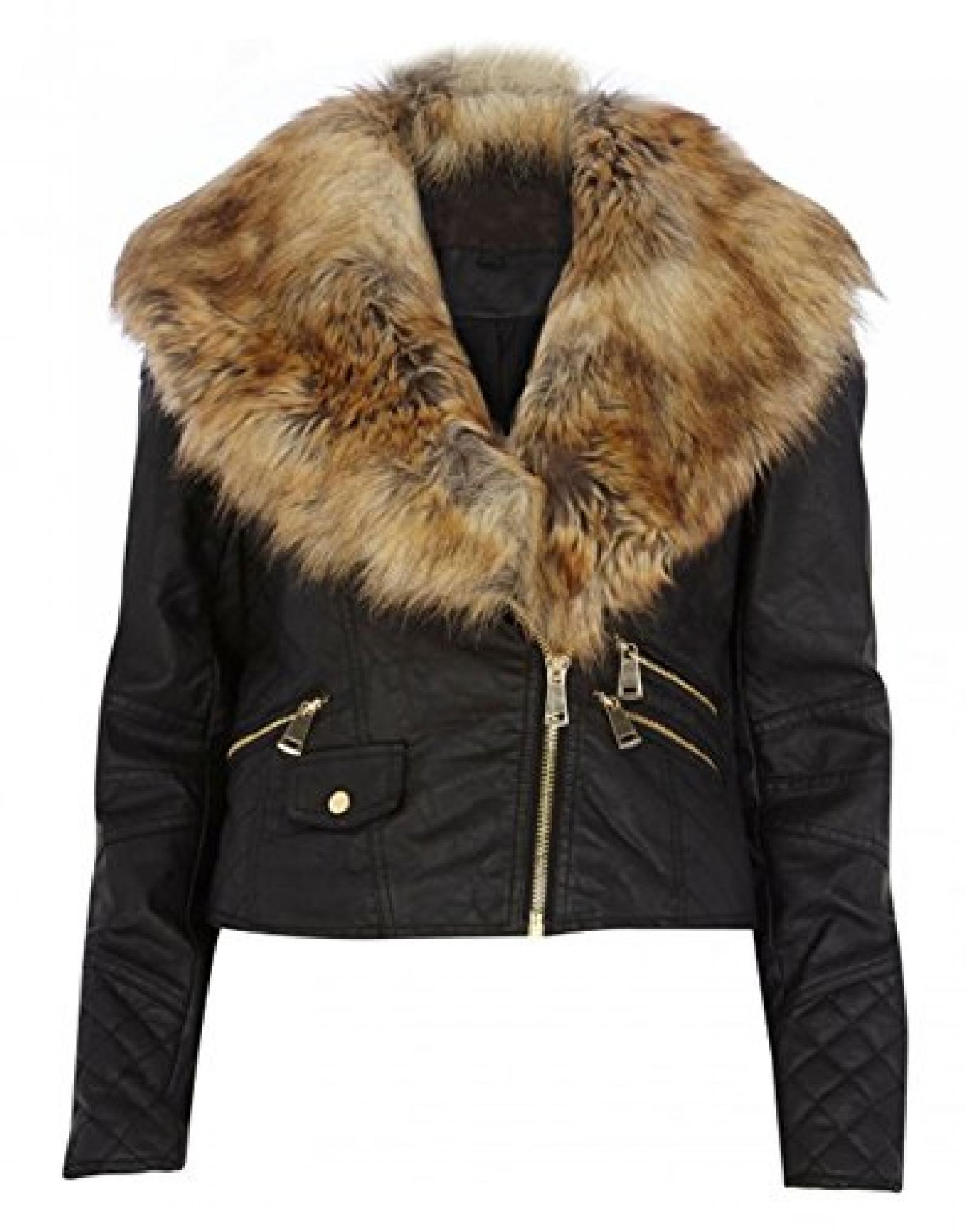 Damen Schwarz Kunstpelzkragen Bikerjacke Damen Damen Schwarz Kunstpelzkragen Bikerjacke Damen
