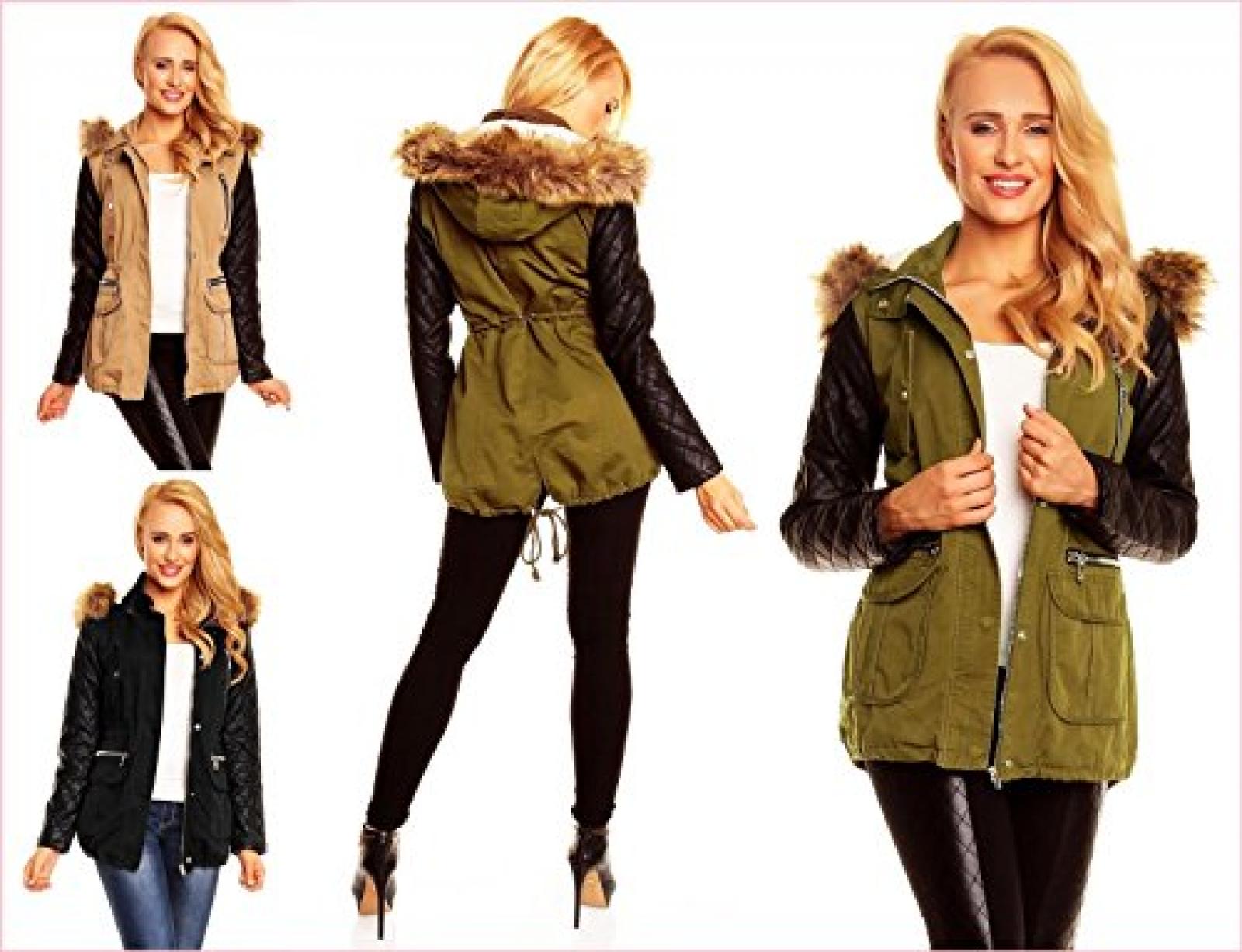 Damen Jacke mit Lederärmeln mit Fell Futter Military Look Damen Jacke mit Lederärmeln mit Fell Futter Military Look