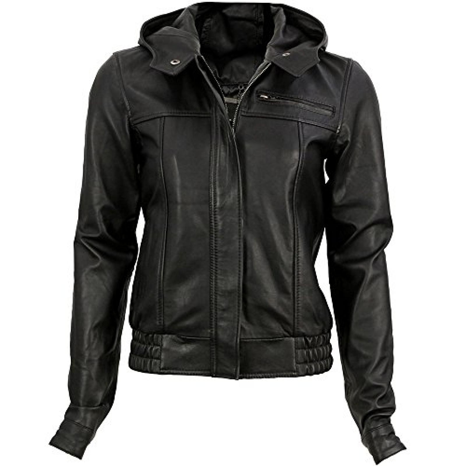 VIPARO Black Urban Hooded Bomber Leather Jacket - Simona VIPARO Black Urban Hooded Bomber Leather Jacket - Simona