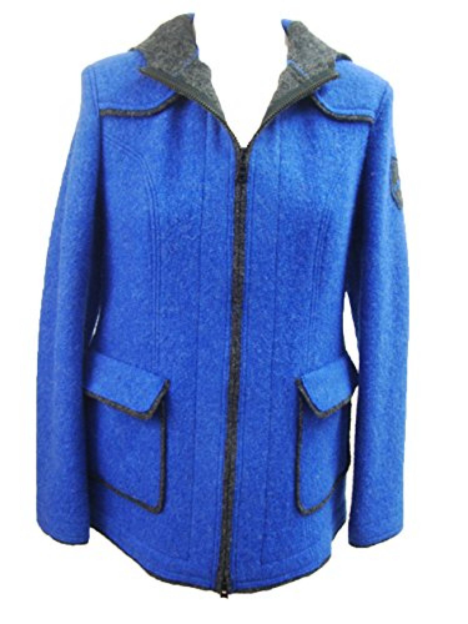 Damen Walkjanker Winterwolljacke blau mit Reißverschluss und Kapuze 
