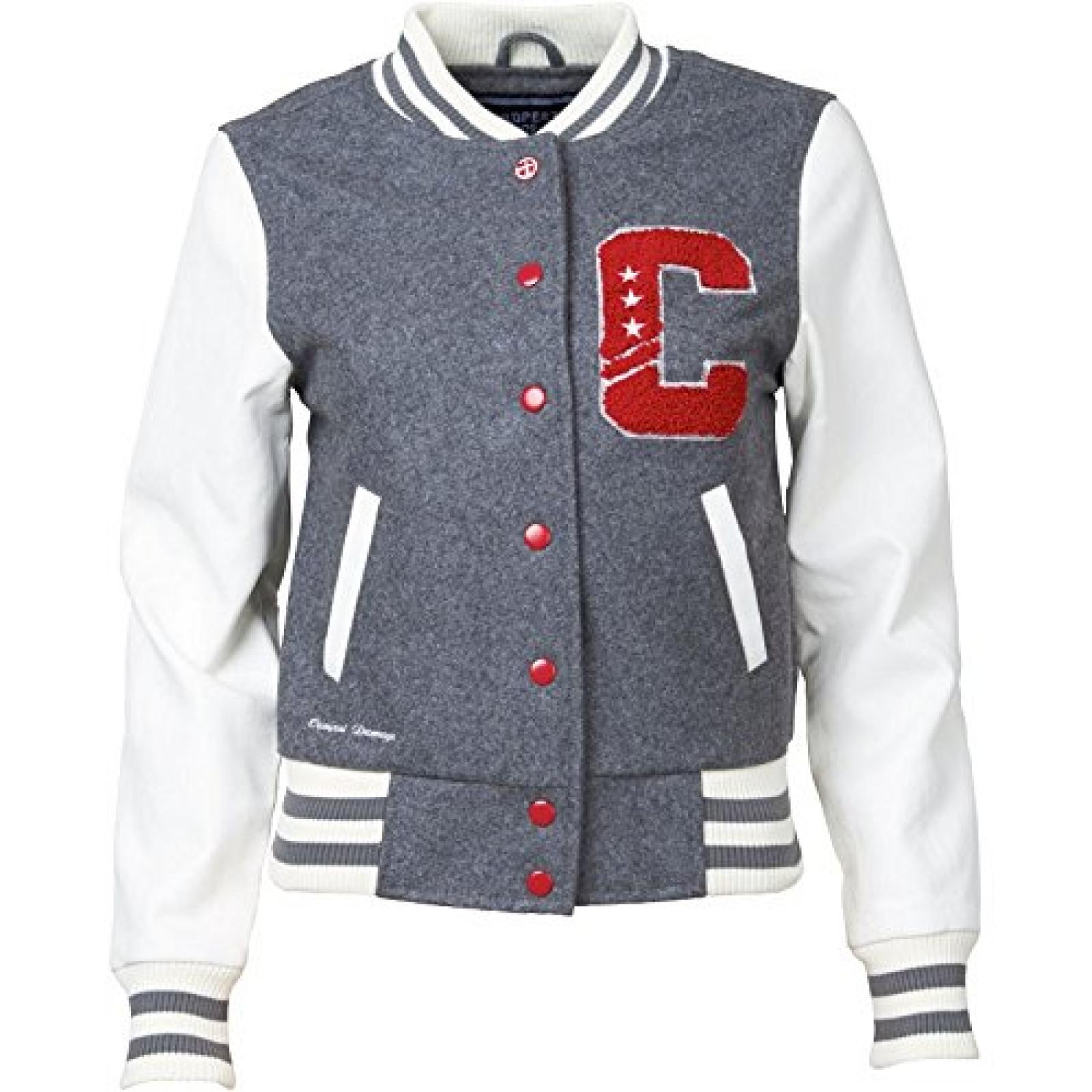 Grau Meliert/Naturwei&szlig;/Rot Criminal Damage Damen Varsity Jacke Grau 
