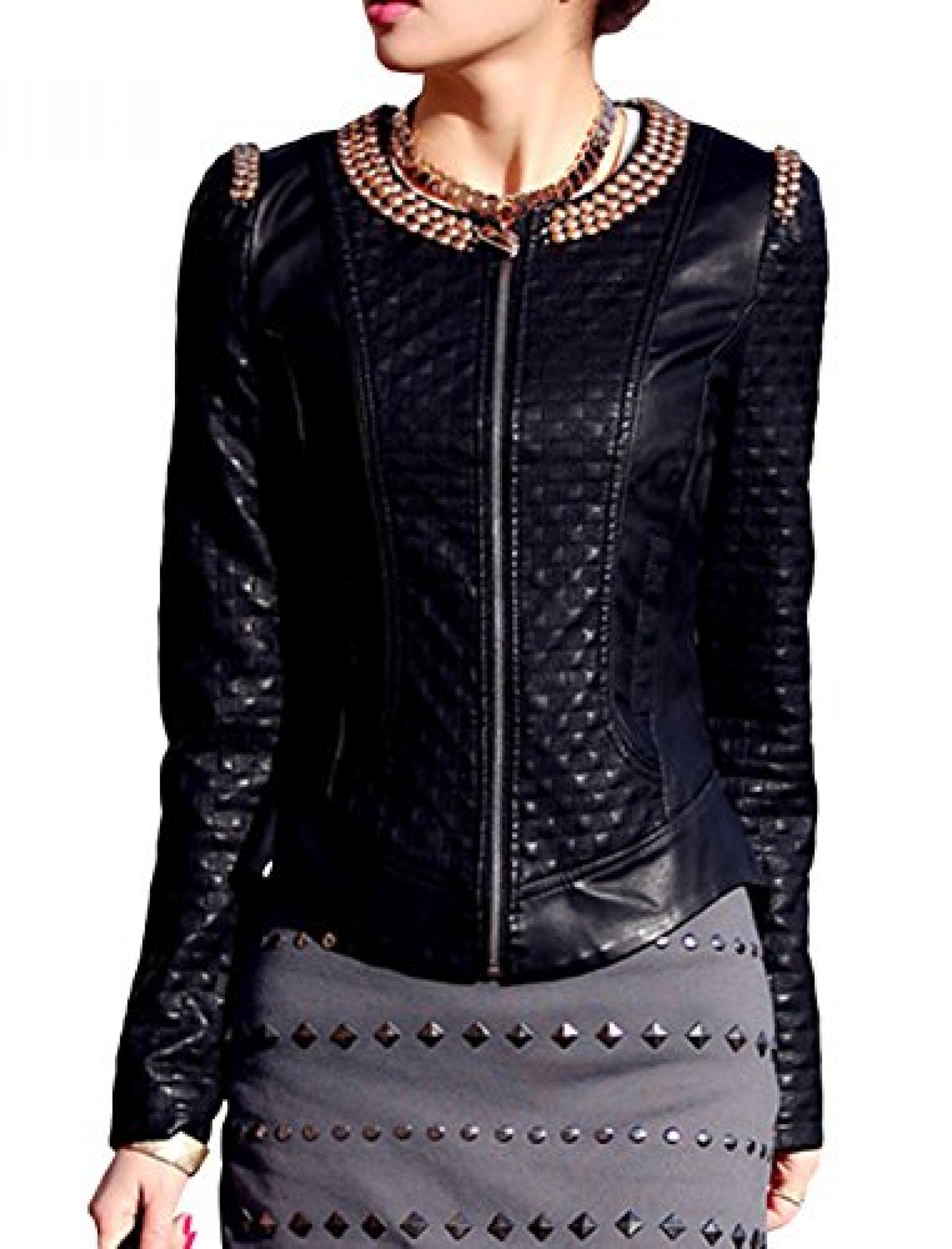 QYL Damen Jacke Rund-Ausschnitt &Uuml;bergangsjacke Motorradjacke Lederjacke Slim Fit 