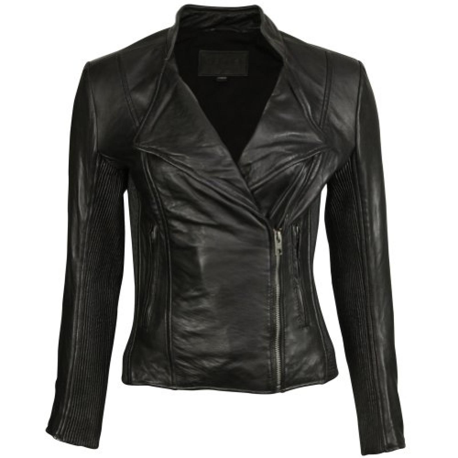 VIPARO Black Asymmetrical Ribbed NZ Lambskin Leather Jacket - Whitney 