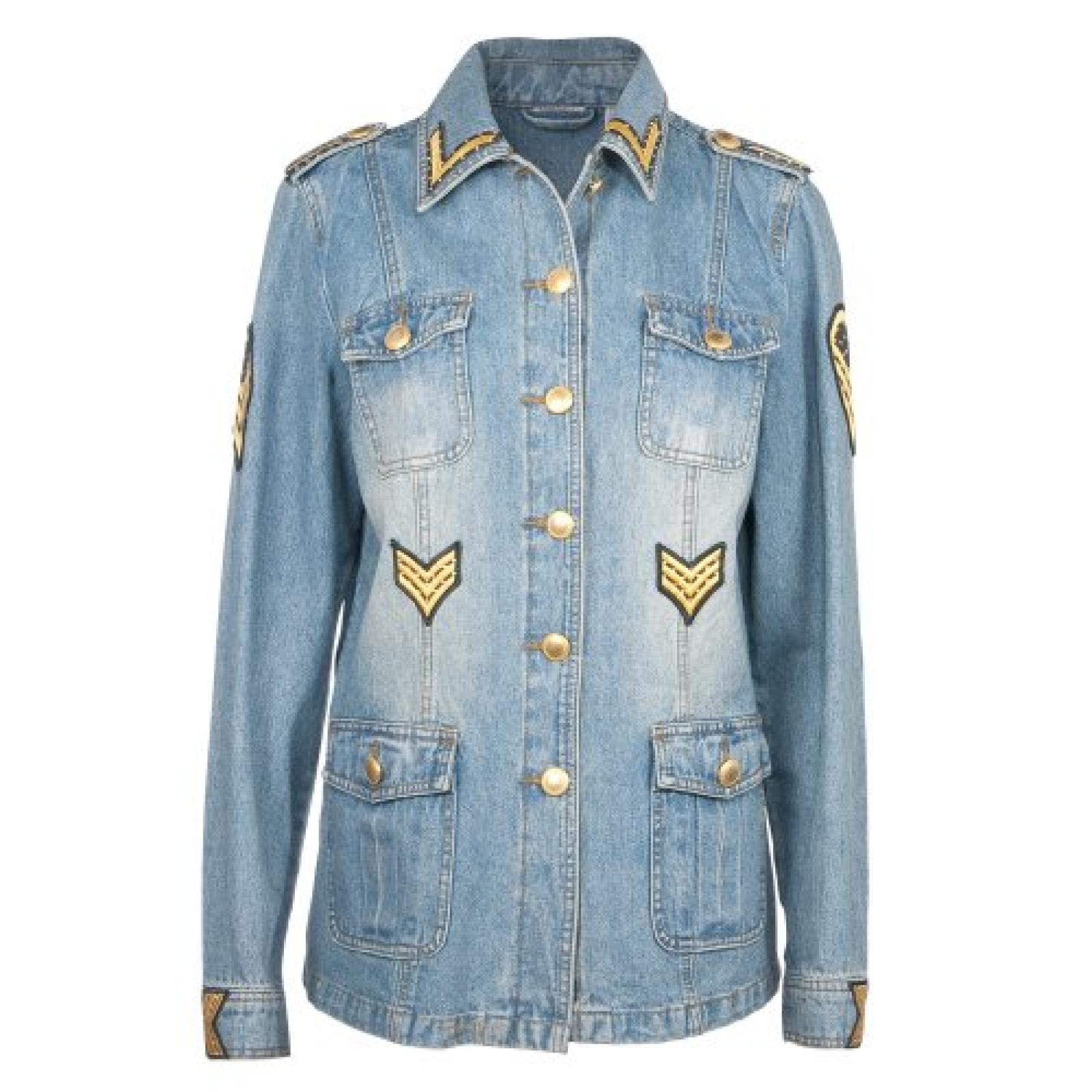 Hornfex Jeansjacke in Armee Styl mit Stick Applikation und Swarovski- Elements Hornfex Jeansjacke in Armee Styl mit Stick Applikation und Swarovski- Elements