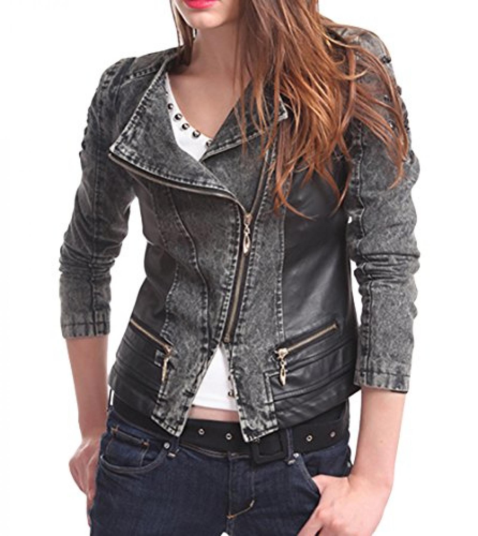 QYL Damen Denim Lederjacke &Uuml;bergangsjacke Langarm Slim Fit Stylisch 