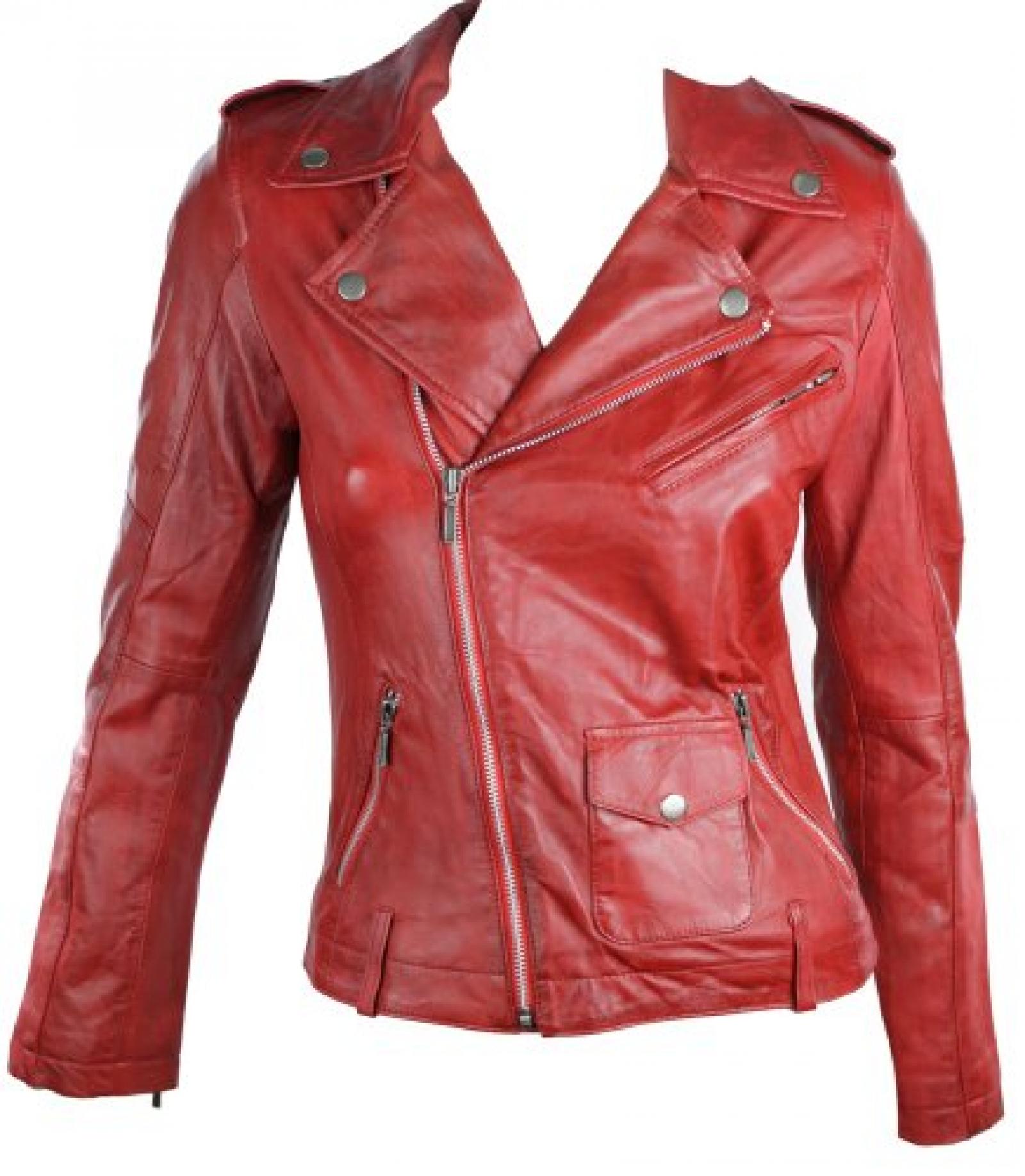 Damen Leder Jacke Biker Style Retro Style in Rot Damen Leder Jacke Biker Style Retro Style in Rot