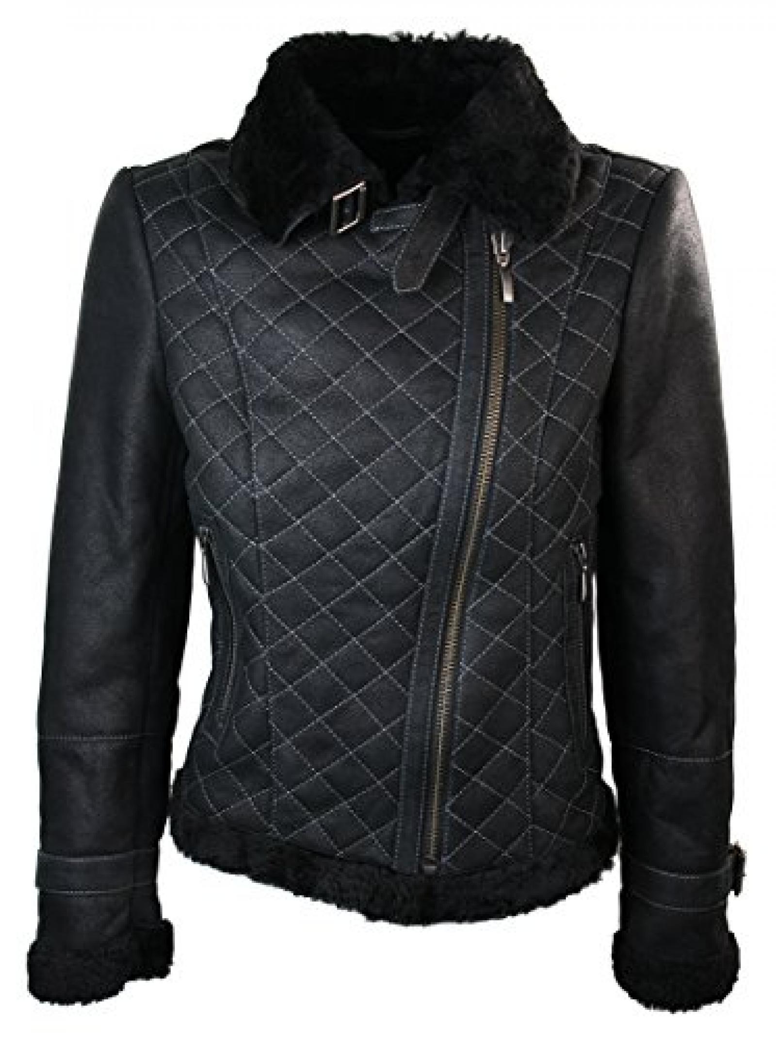 Damen Winter Jacke Leder Schafffell Schwarz Schnalle Lässig Sehr Warm Damen Winter Jacke Leder Schafffell Schwarz Schnalle Lässig Sehr Warm